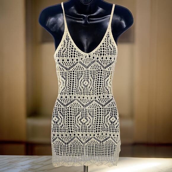New M‎ Beige Knit Crochet Swimsuit Cover Up Mini Dress Slit Beach White Ivory - Picture 5 of 5